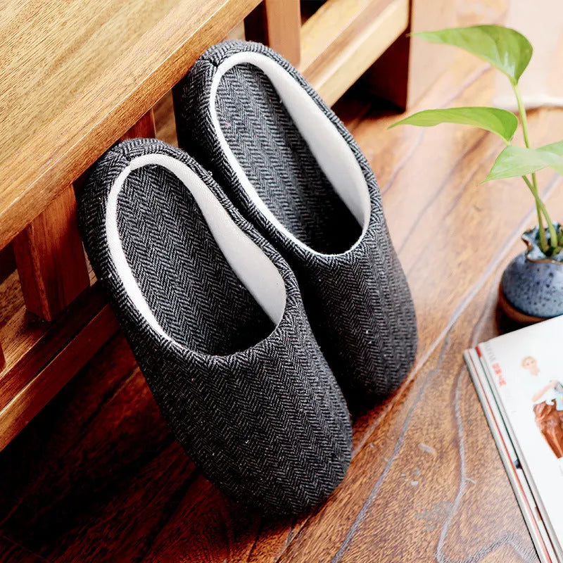 Men's black cotton indoor slippers with soft anti-skid sole, autumn season, size 280mm