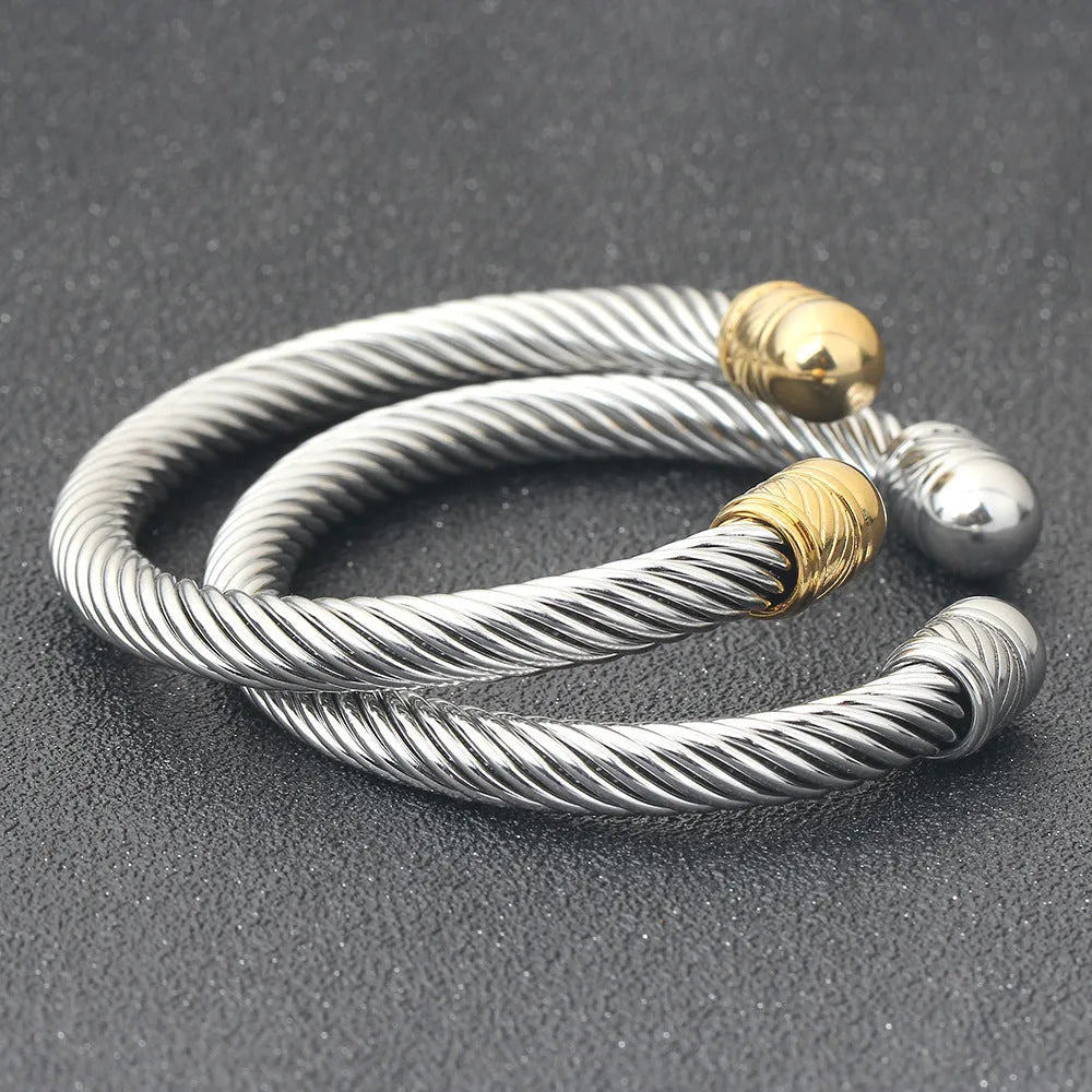 Round titanium steel cable bracelet with 7mm wire opening in gold or steel colour, simple style