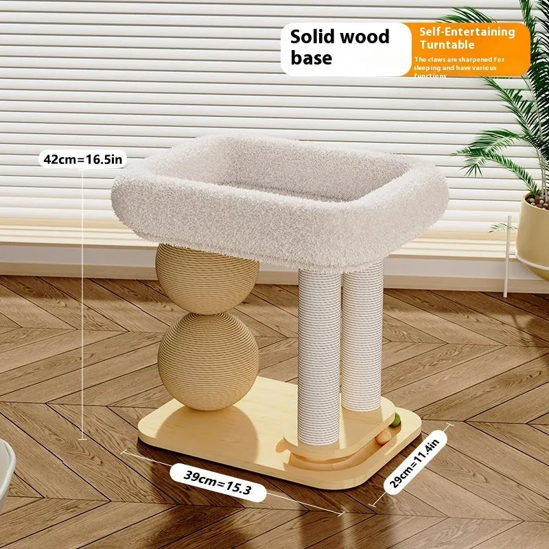 Solid pine wooden cat nest with two sisal scratching posts and a raised sleeping platform