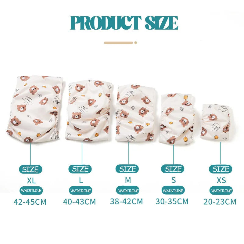 Reusable cartoon bone print dog diaper with fastener tape and elastic waistband, shown in blue bear pattern.