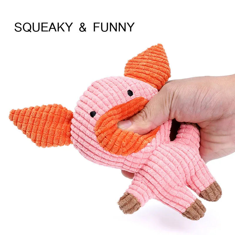 Animal shape plush squeaky dog toys in bright colours with bite-resistant construction