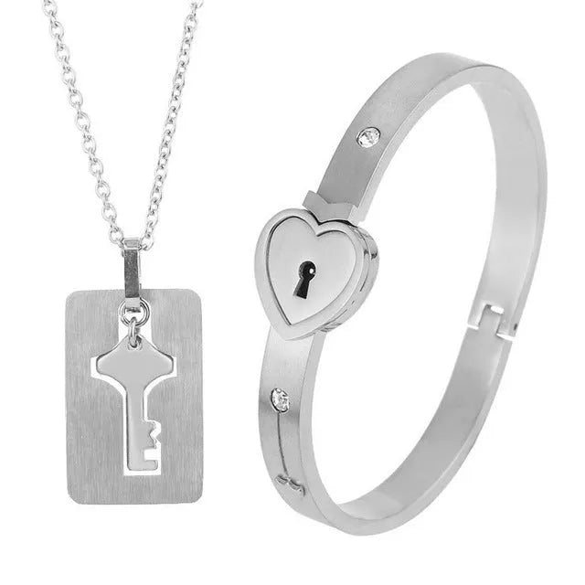 Titanium steel couple love lock bracelet key set necklace in electroplated finish