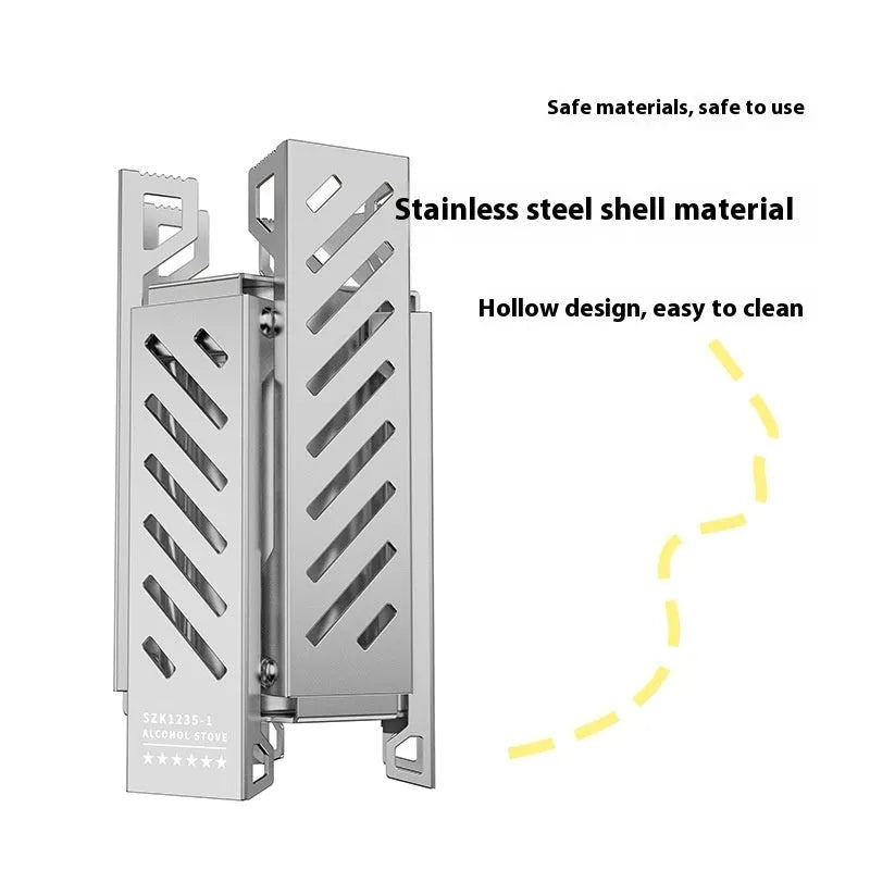 Hexagon alcohol camping stove folded showing black/silver alloy construction with dimensions 9.5x8.5x15cm