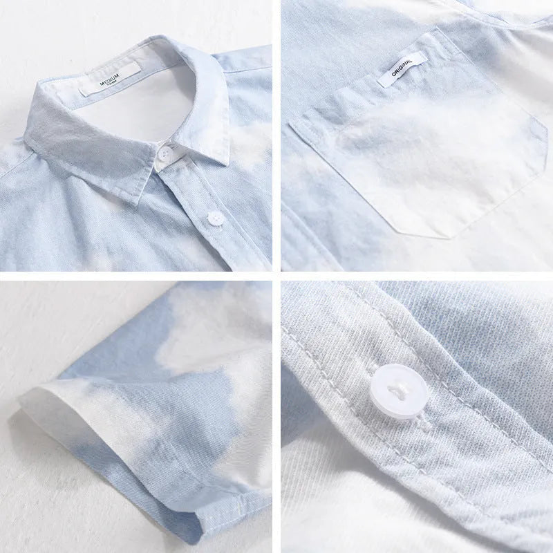 Men's light pink pure cotton short-sleeved shirt with loose cardigan style fit