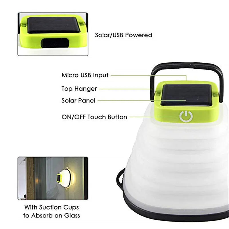 Collapsible camping lantern in Black or Green with solar panel, USB charging, 160lm warm white light, IP68 rating, and 2.5cm folded thickness