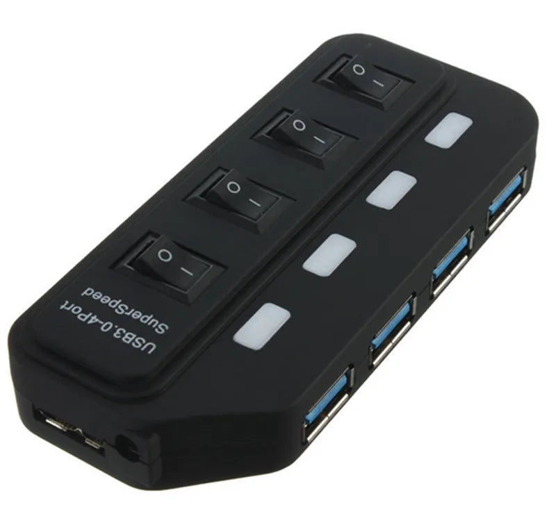 USB 4 interface hub with seven USB 3.0 ports and built-in overload protection, compact black design