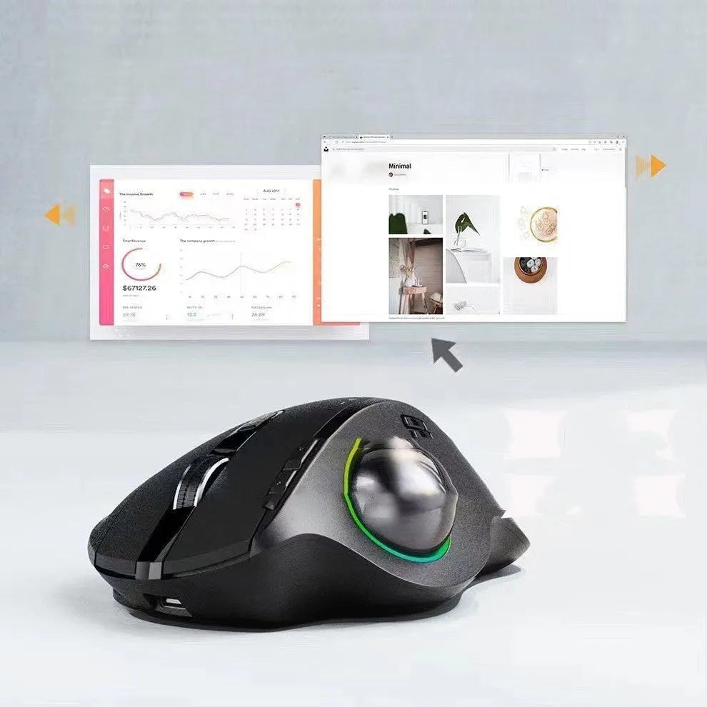 Black wireless trackball mouse with dual-mode 2.4G Bluetooth, rechargeable, luminous accent, 2400 DPI, 13x20x6cm