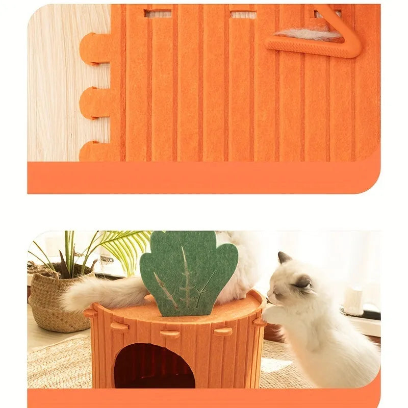 Beige carrot-shaped felt cat nest with multiple holes, shown in a home setting.