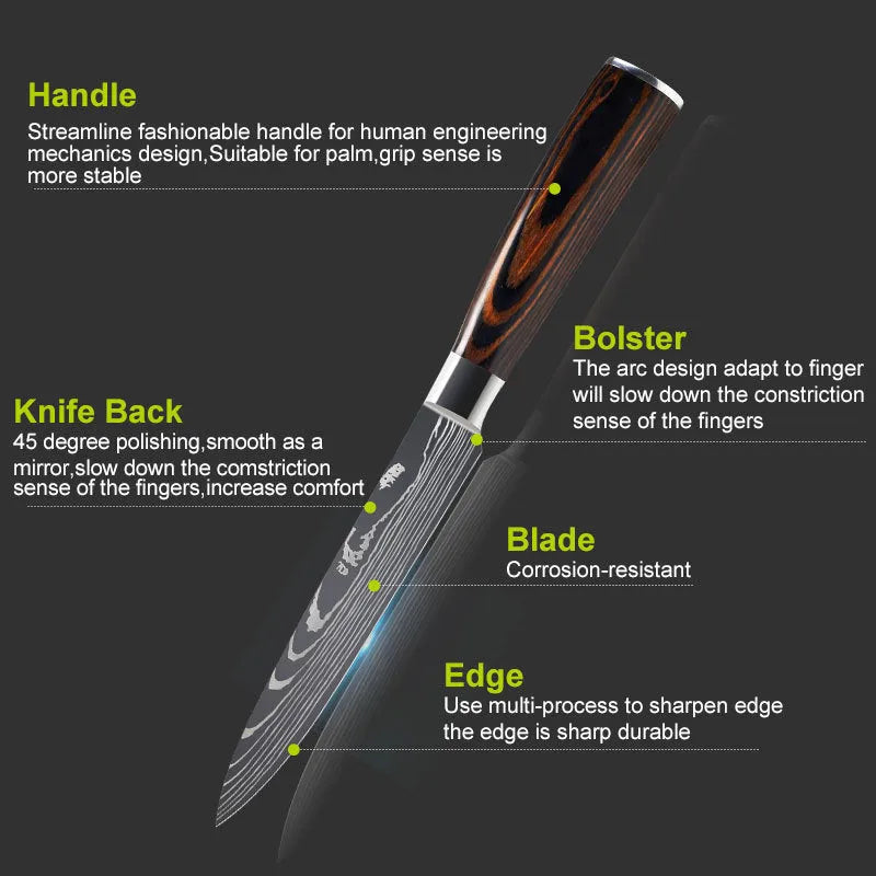 7CR17 stainless steel chef knife with laser Damascus pattern and colour steel handle