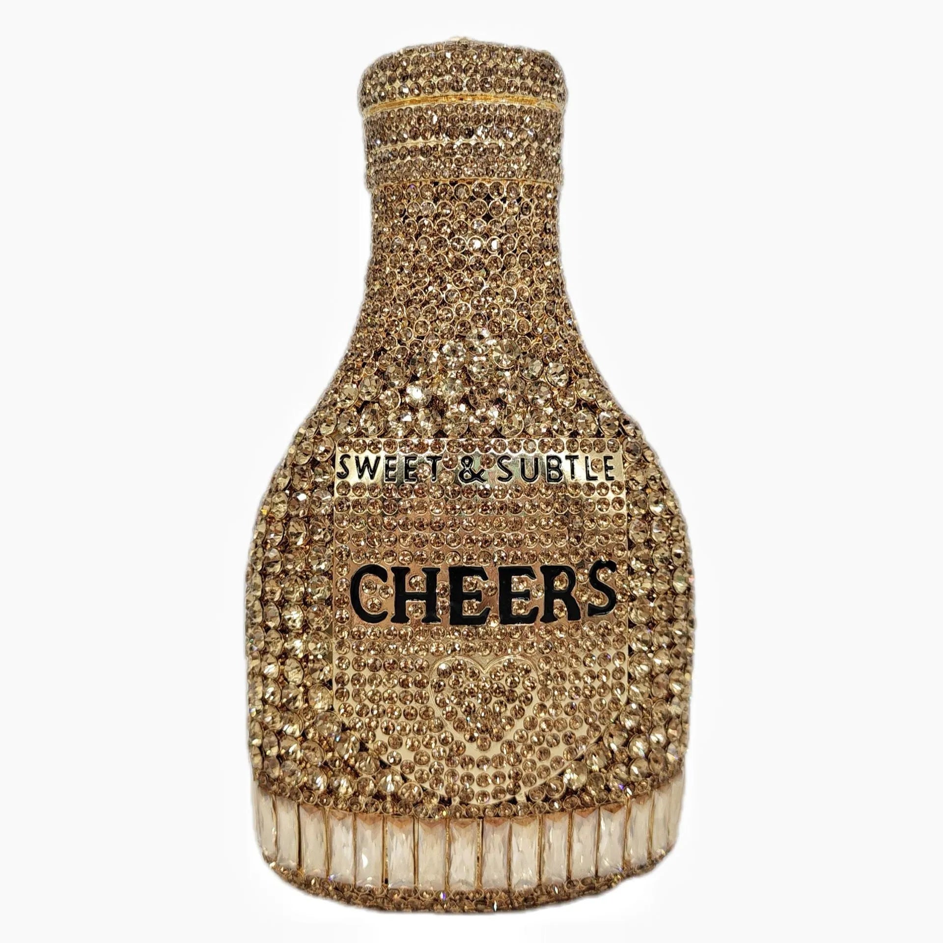 Gold rhinestone evening clutch bag shaped like a champagne bottle with a hard frame.