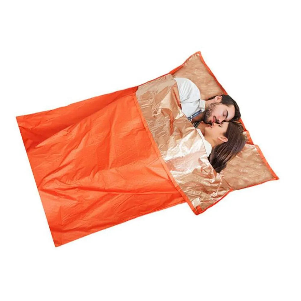 Orange thermal sleeping bag with silver coated nylon plaid fabric for outdoor camping heat reflection