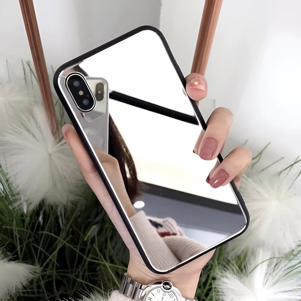 Black mirror phone case for iPhone, showing the reflective surface on the back cover.