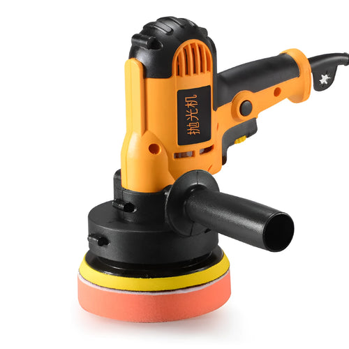 Yellow automotive polishing machine with 125mm disc diameter on workbench