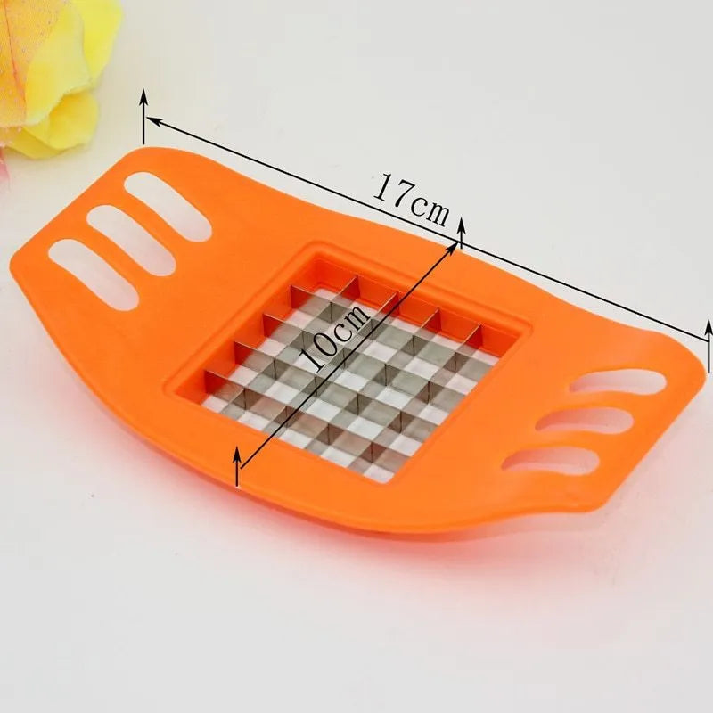 Potato cutter chopper with two stainless steel blades and non-slip rubber foot in kitchen setting