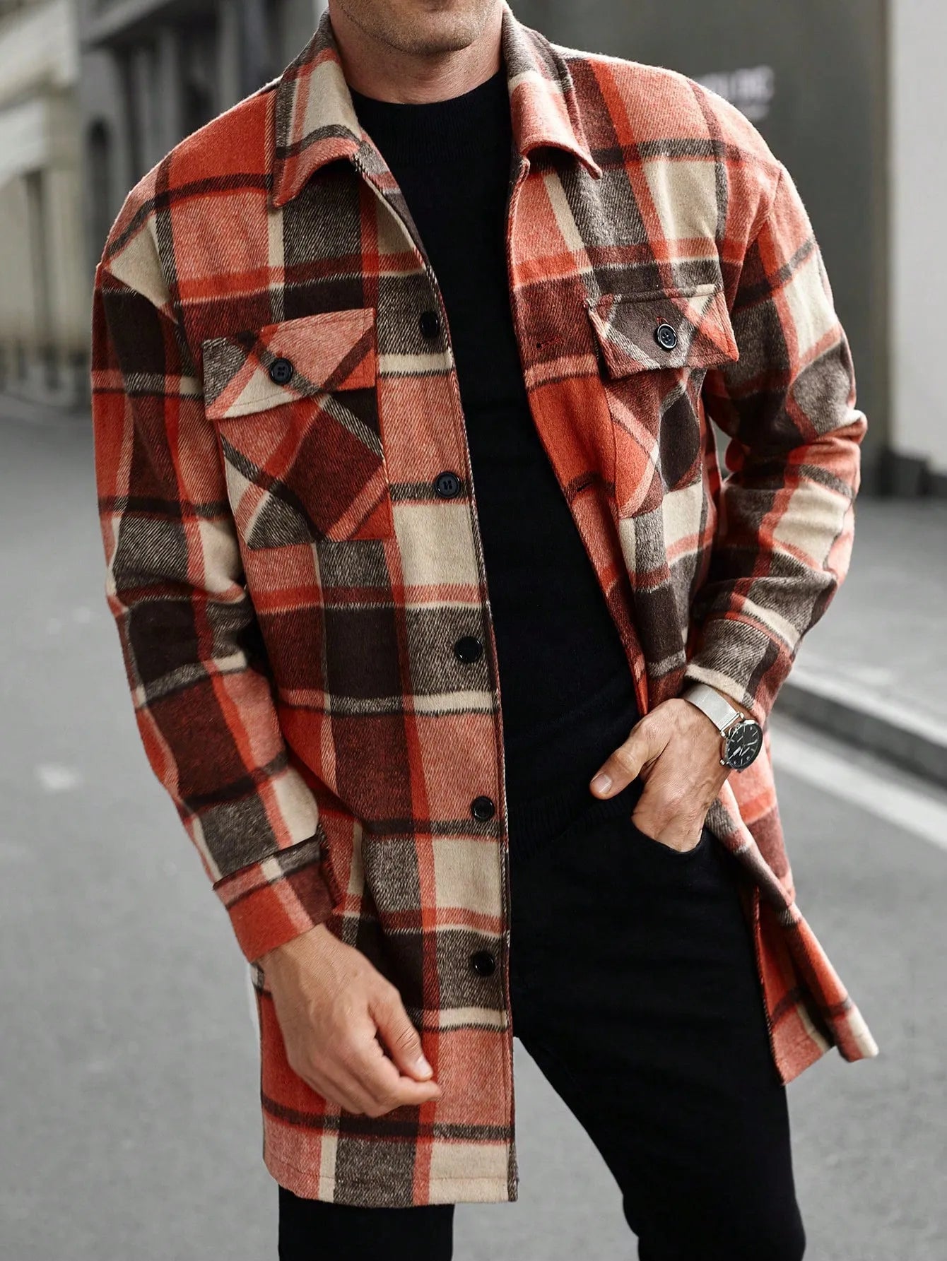 Men's long casual button shirt jacket grid pattern slim fit with double 3D patch pockets in five colours S-XXL