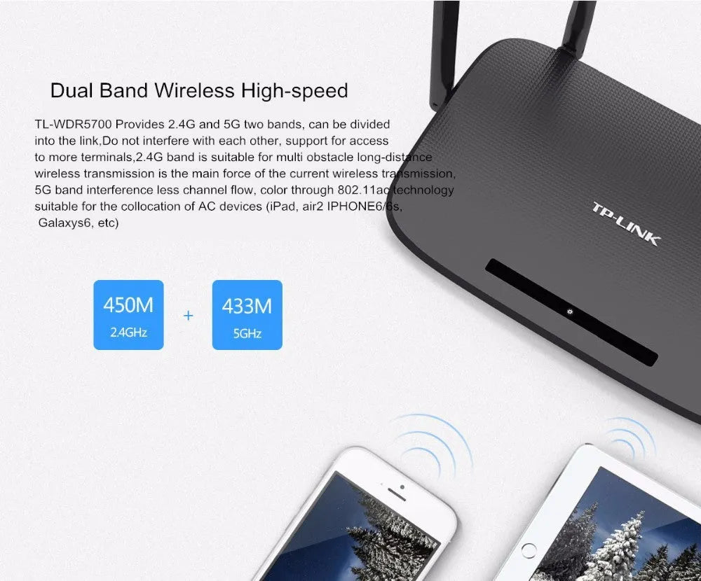 TP-Link TL-WDR5620 dual band wireless router, white or black, 1200Mbps, four LAN ports, 230x144x37mm