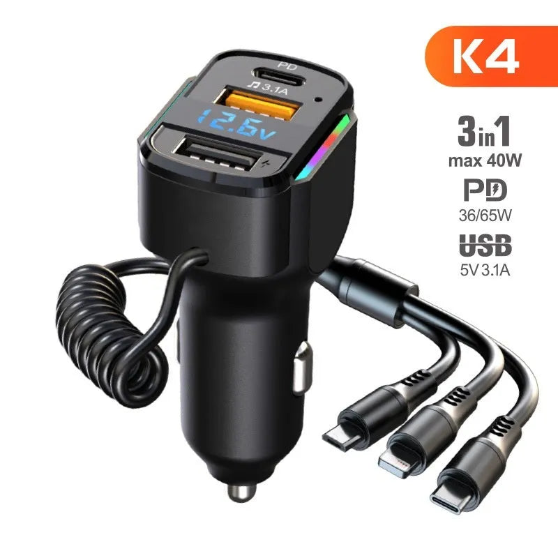Car 3-in-1 spring wire fast charge mobile phone charging plug black K4