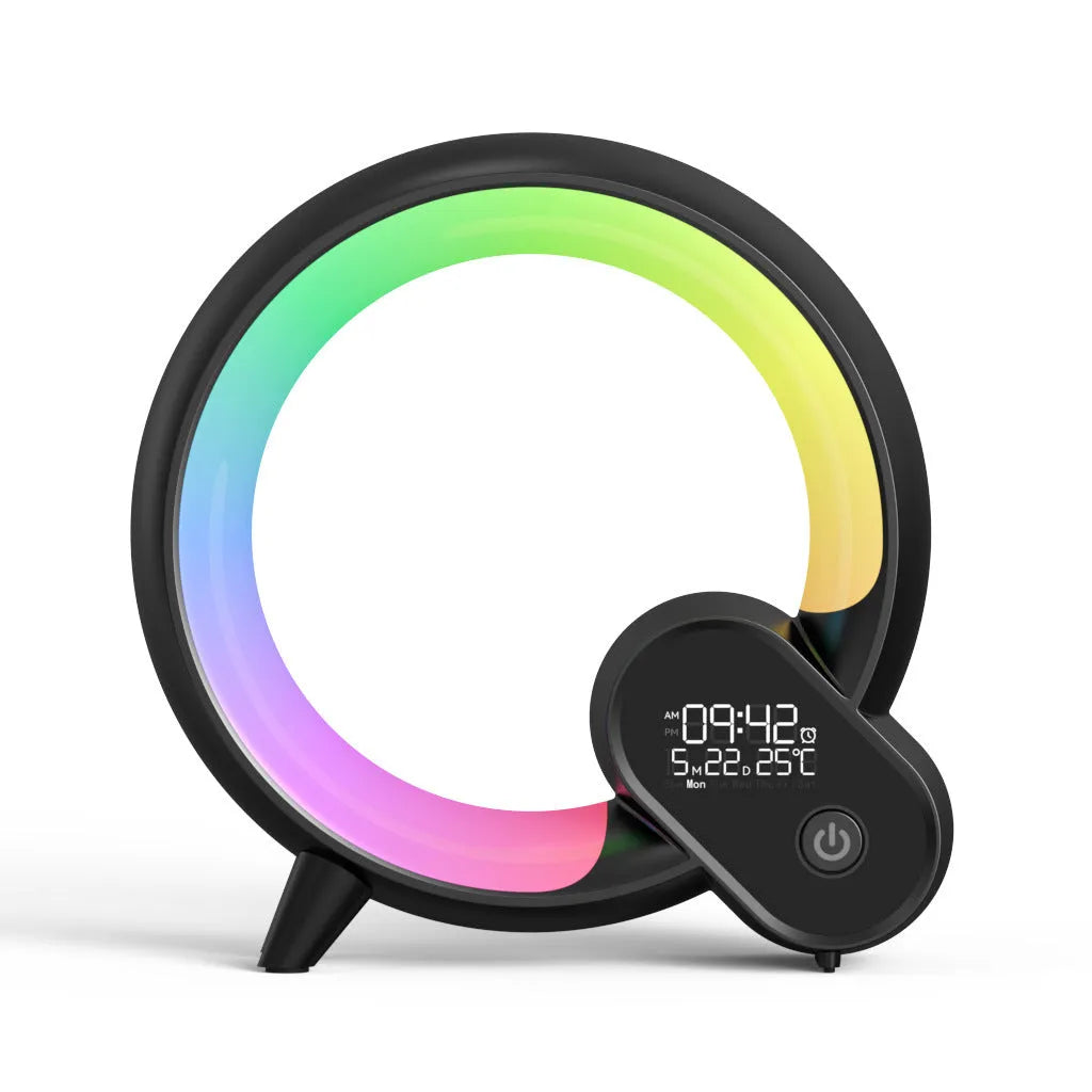 Creative Q Light analog sunrise digital alarm clock with 90 RGBCW light beads in black on wooden table
