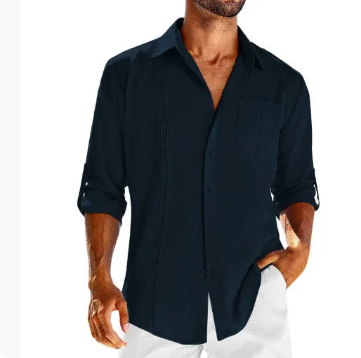 Men's grey long sleeve button-up shirt with lace detail on collar and a chest pocket.
