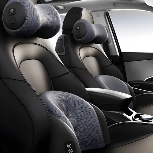 A black car massage cushion with electric vibration controls, placed on a car seat for neck and lumbar support.