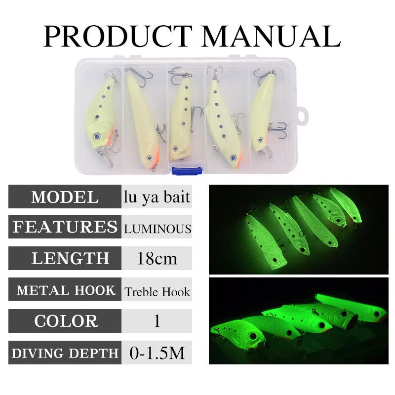 Set of five fluorescent green and orange 3D hard bait fishing lures on a blue background.