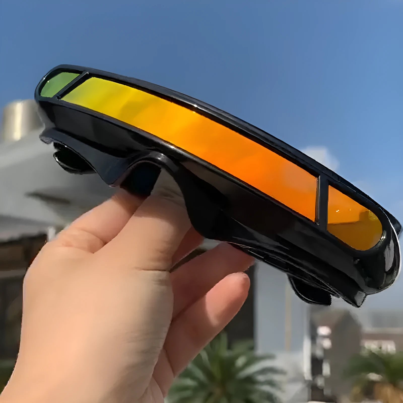 Black full rim sports sunglasses with polarised lenses in grey, red mercury, and blue mercury colour options.