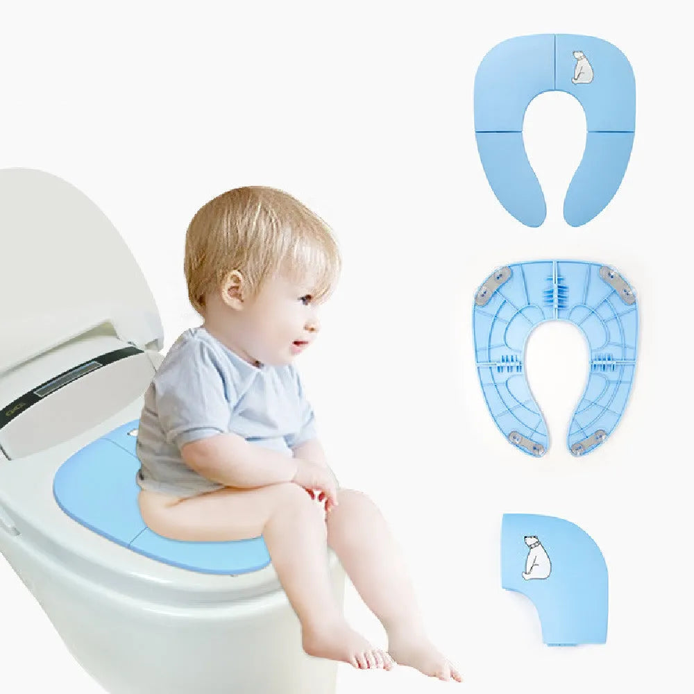 Foldable baby travel potty seat in blue with splash guard, shown folded and open on a white background