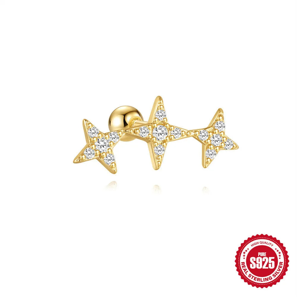 S925 sterling silver square gravel stud earrings with flower shape and red golden electroplated finish