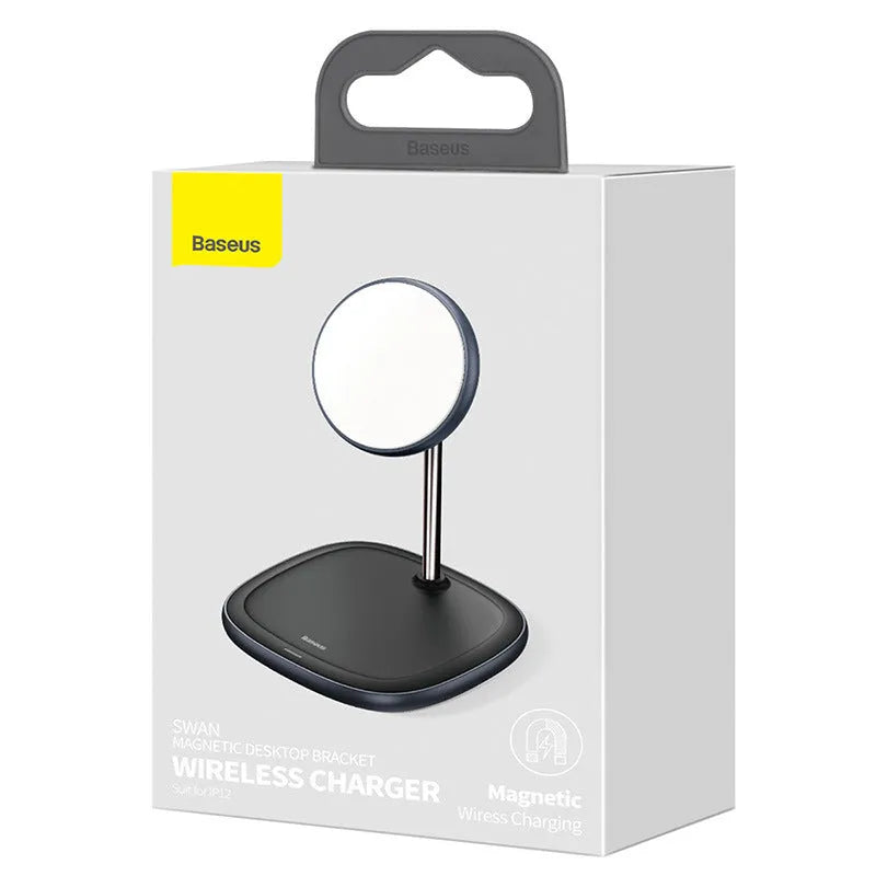 Swan black magnetic desktop stand wireless charger for iPhone 12 series with Type-C cable.