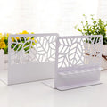 Pair of white Nordic-style steel bookends with six-hole pen holder and rounded corners