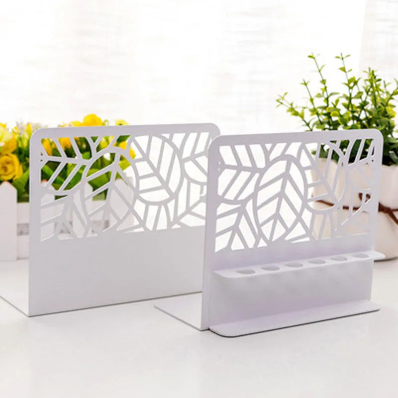 Pair of white Nordic-style steel bookends with six-hole pen holder and rounded corners