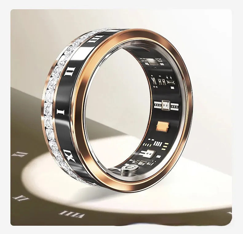 Silver and gold smart ring with diamond inlay and blood oxygen monitoring sensors.