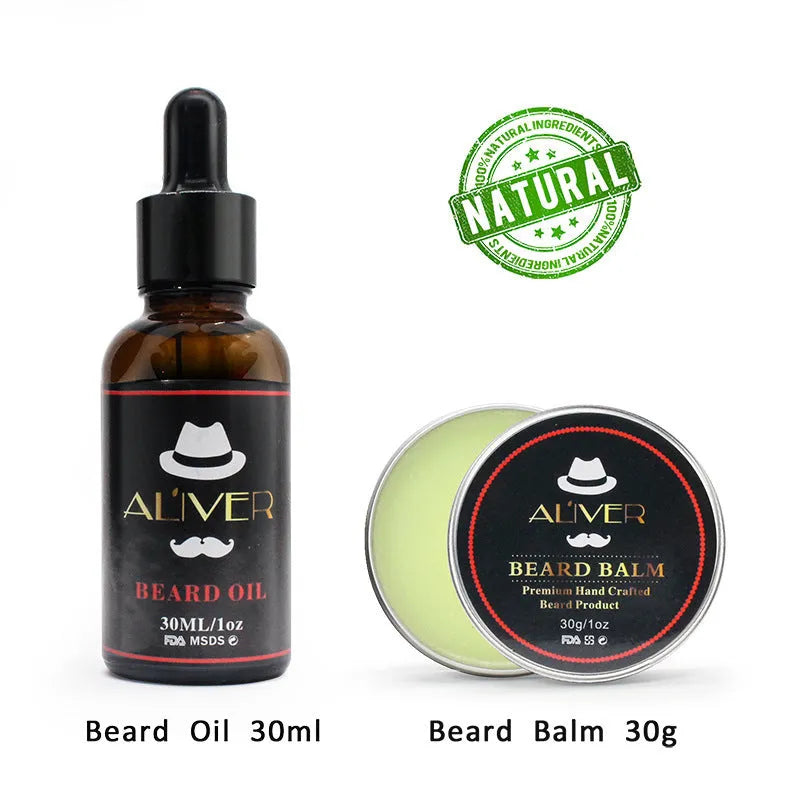 7-piece black beard grooming set with wood brush, metal comb, scissors, apron and cleaning brush on a surface