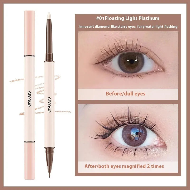 Double-headed liquid eyeliner pen with pearlescent star eyes design in floating platinum and nude apricot colours