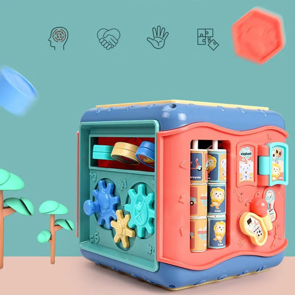 Six-sided educational cube for babies with bead maze, gears, car track, clock, numbers and butterfly activities