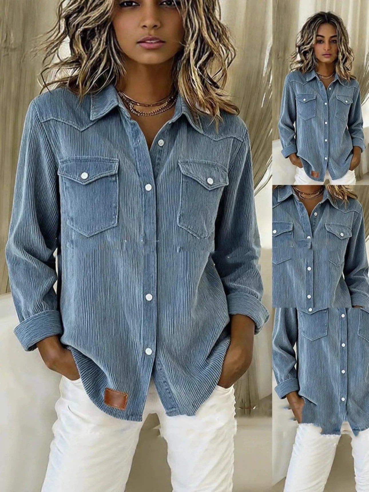 Women's light blue distressed polyester denim jacket with cardigan-style open front, long sleeves, and regular fit on display