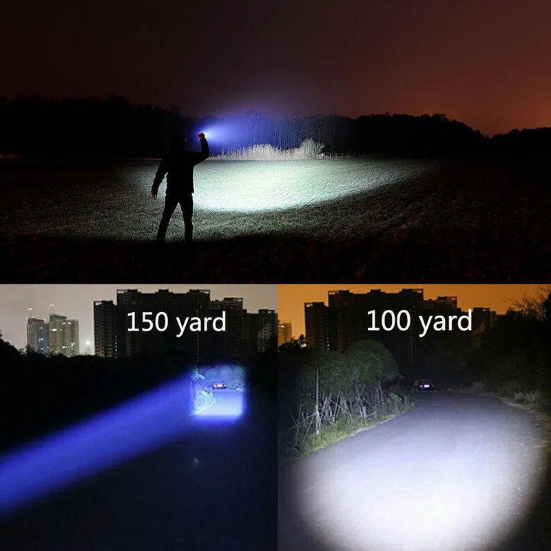 Black aluminium alloy zoomable focus LED torch with antiskid grip on a textured surface.