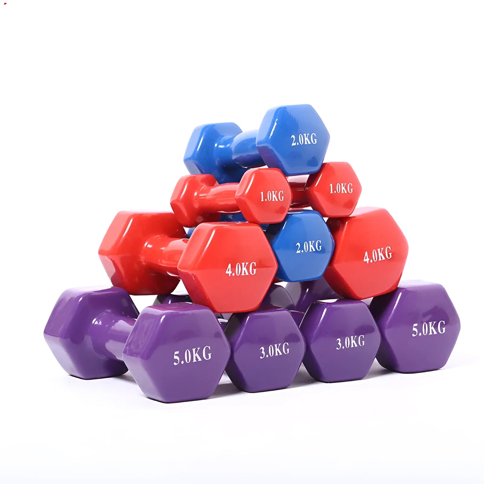 Colourful plastic fitness dumbbells in 0.5kg, 1kg, and 1.5kg weights with glossy surface