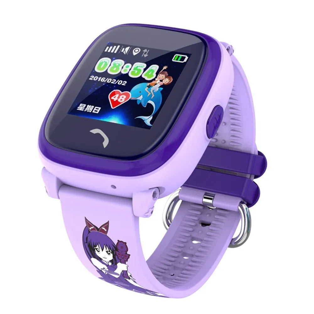 Blue children's waterproof smart watch with touch screen display showing time and SOS icon on a silicone strap.