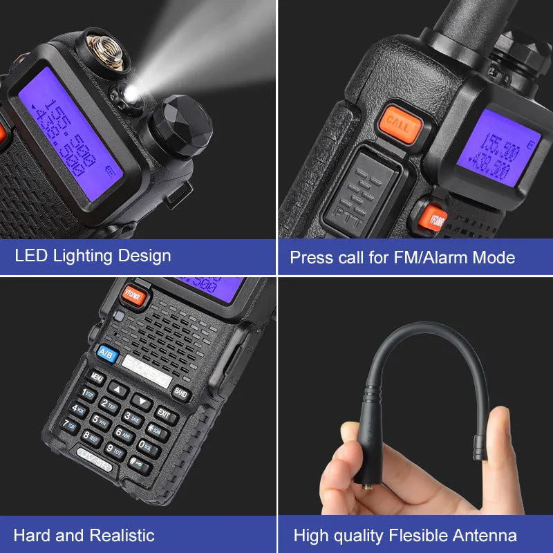 A compact black handheld walkie talkie with an antenna, showing its numeric keypad and display screen.