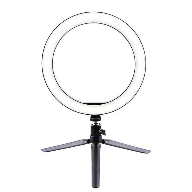 26cm LED ring light on tripod stand with phone clip and Bluetooth remote for smartphone desktop use