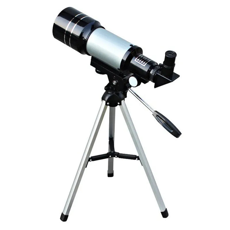 Silver F30070M telescope with 70mm aperture on its 38cm tripod, two eyepieces and moon mirror included