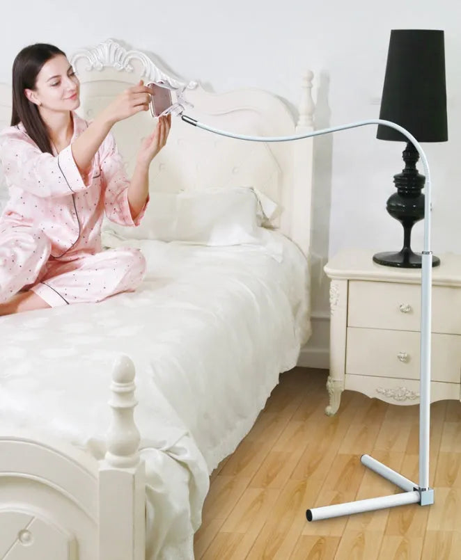Black and white mobile phone bed bracket and floor stand with universal holder for overhead viewing
