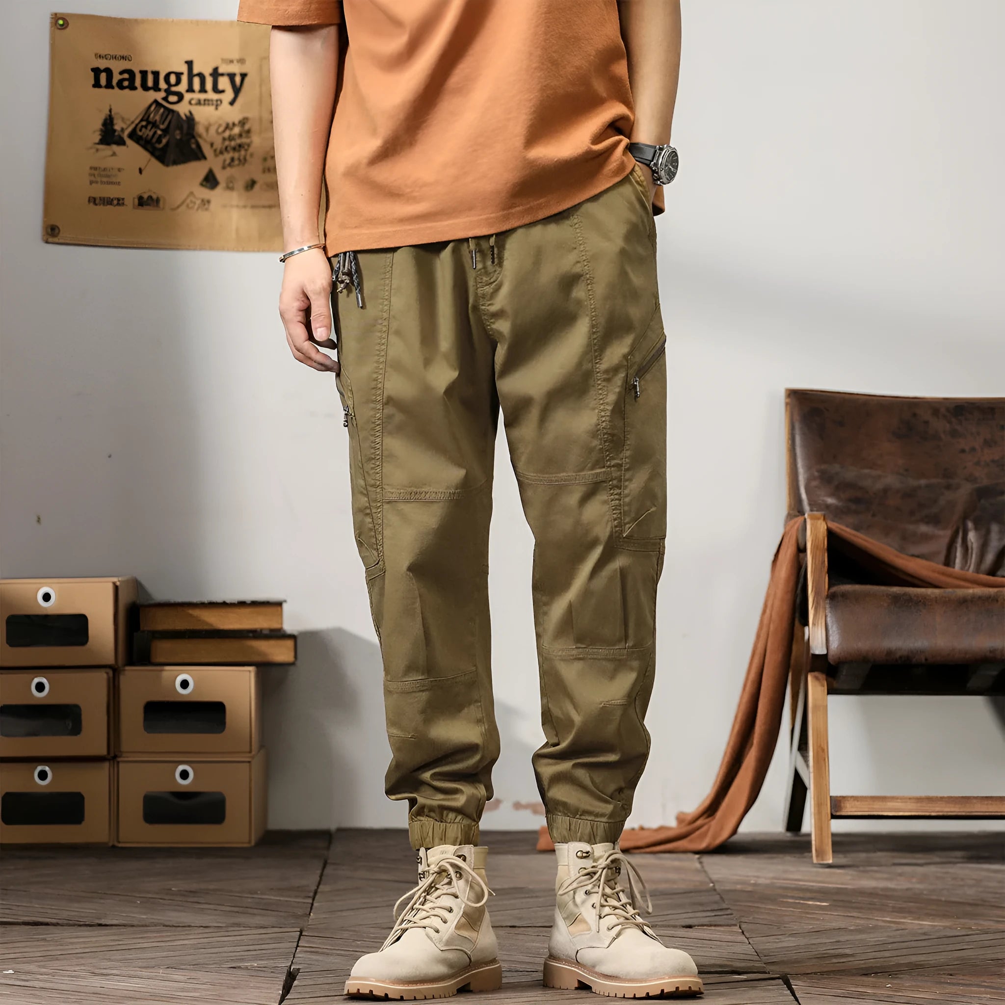 Men's khaki peacock green harem pants with tapered ankle bands and mid-waist design