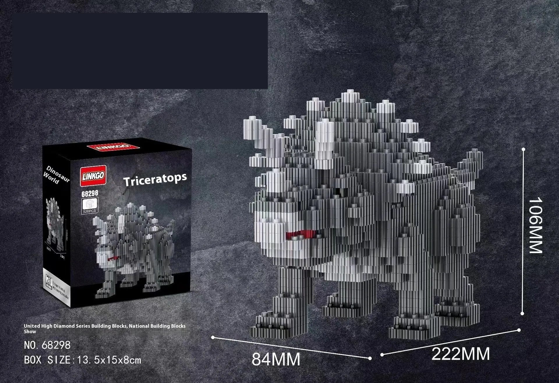 Dinosaur model building blocks set with small diamond particles in colour box packaging