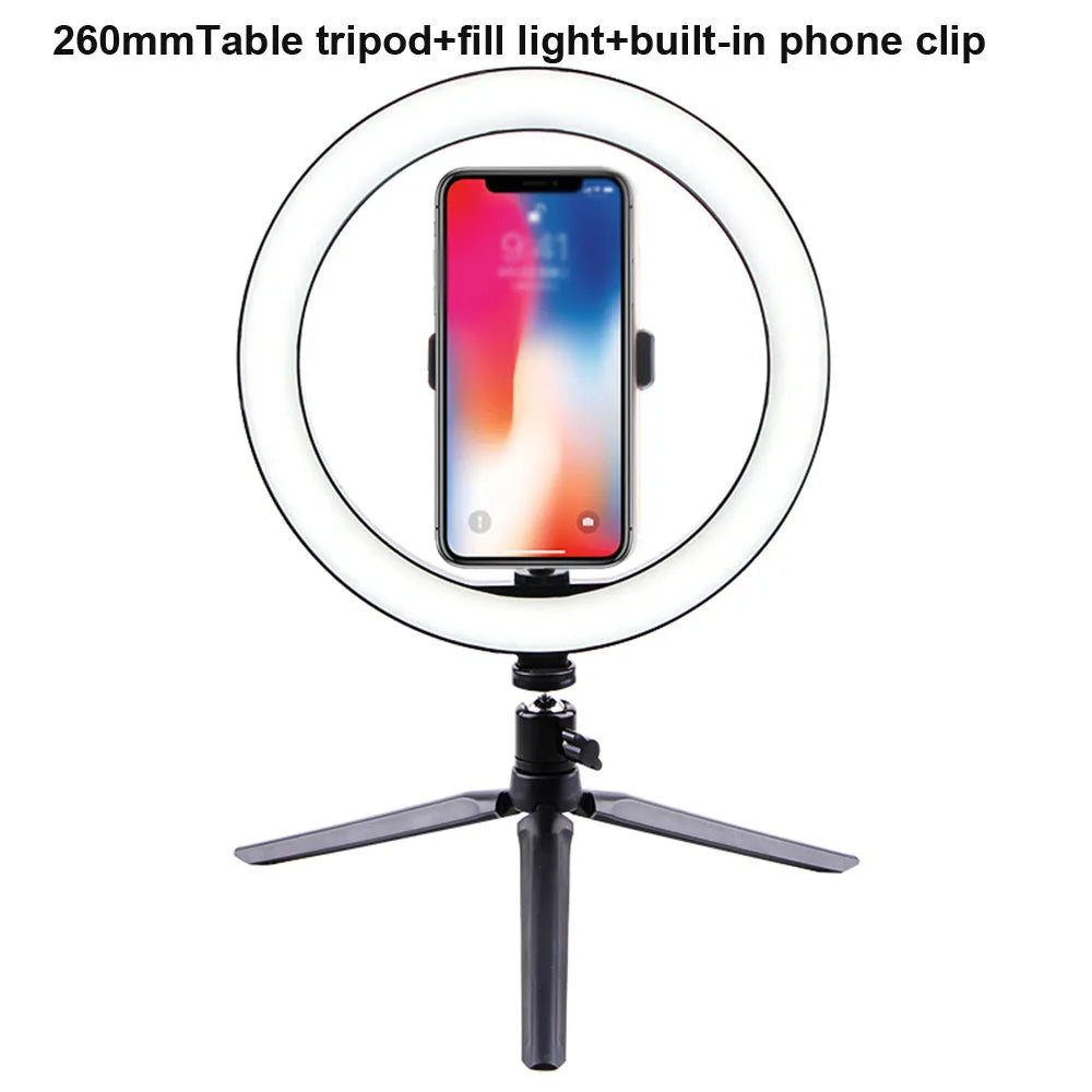 26cm LED ring light on tripod stand with phone clip and Bluetooth remote for smartphone desktop use