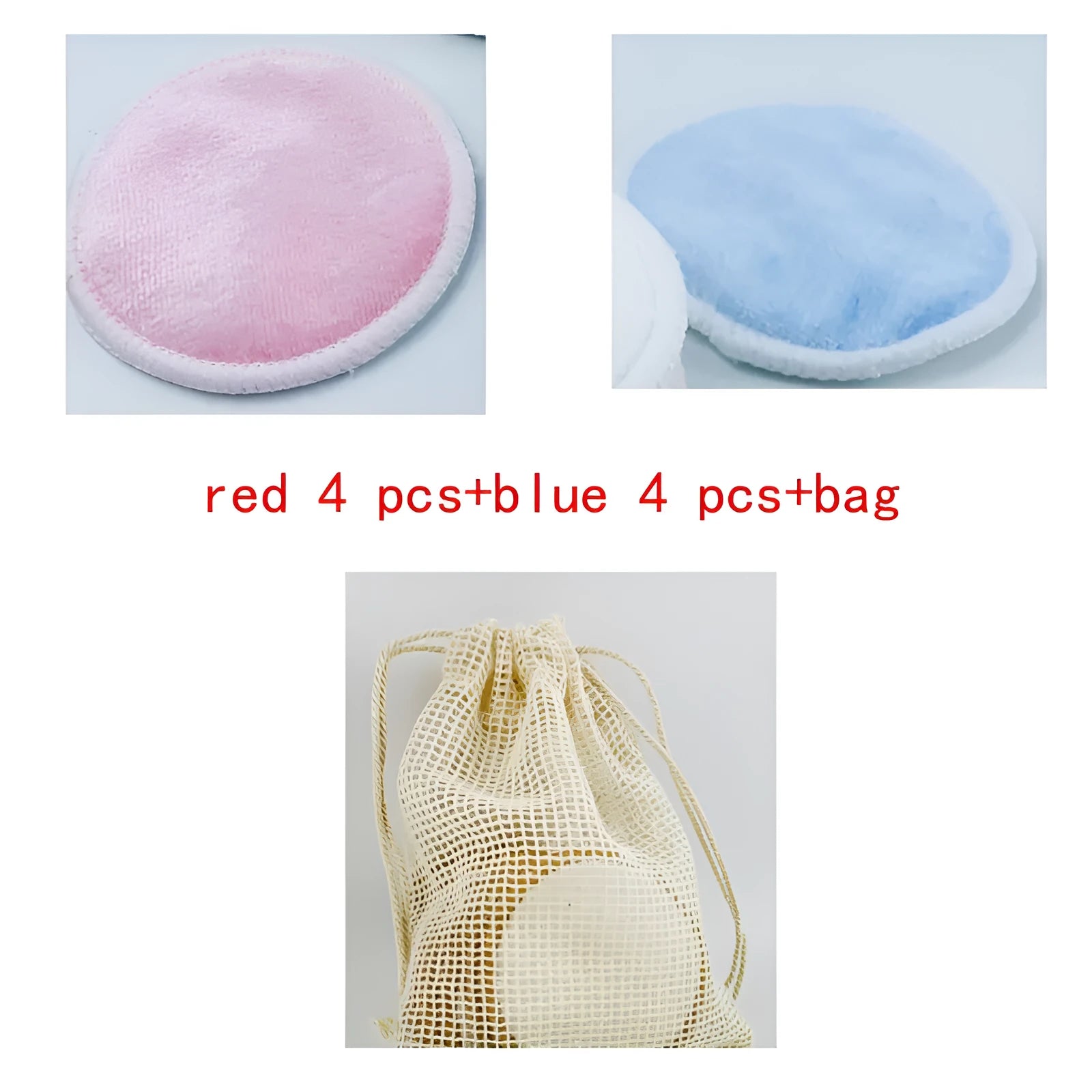 Velvet makeup remover pads in light blue and pink colours with cotton mesh storage bag