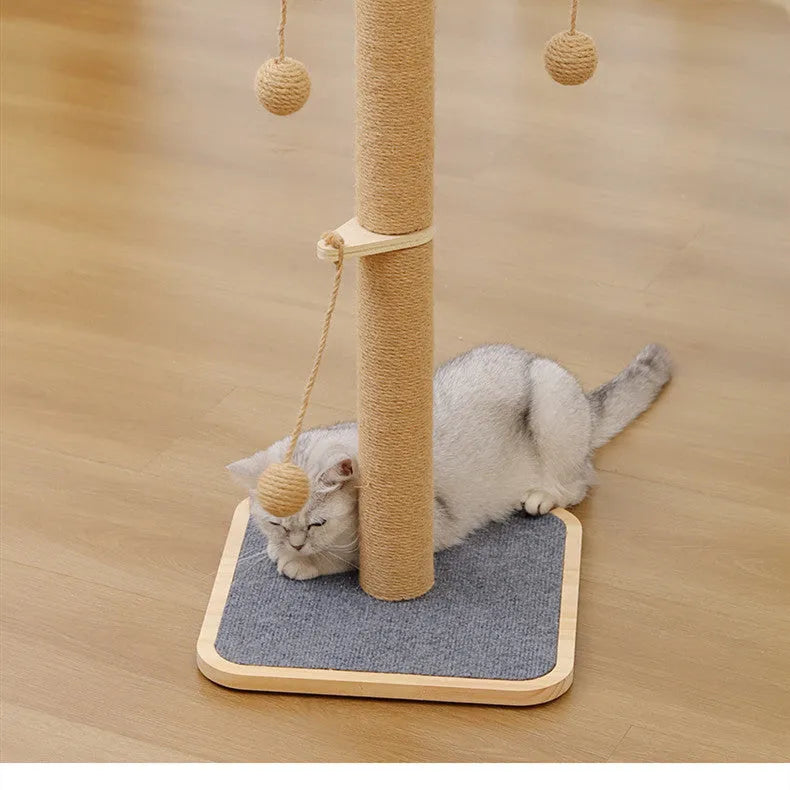 Windmill Hanging Ball Cat Climbing Frame, a 65cm tall pinewood tower with carpet leather and a dangling toy ball.