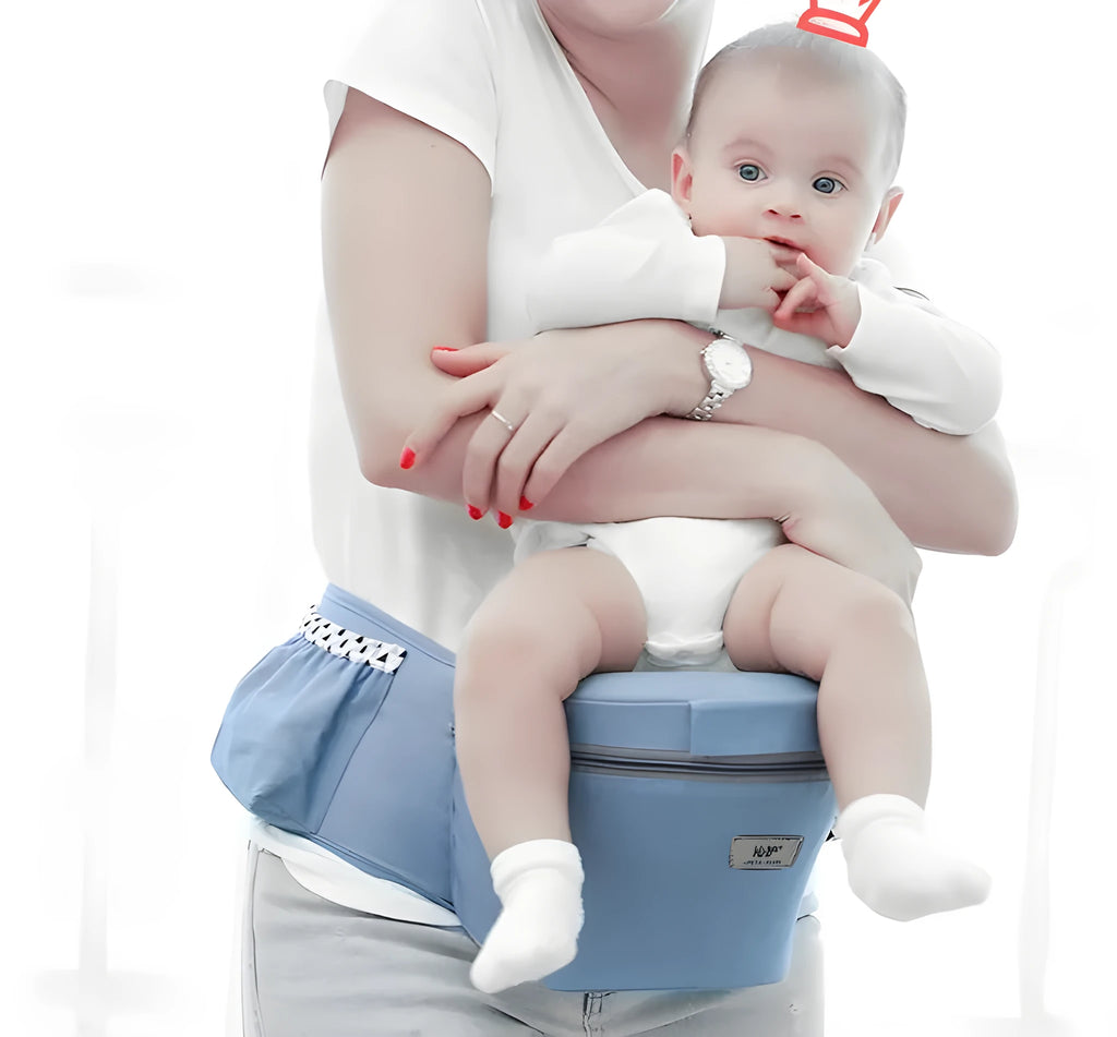Baby carrier waist stool in cotton and polyester with padded waist belt, 35° hipseat and front zipper bag