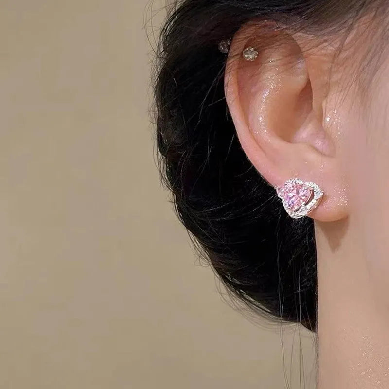 White k heart-shaped stud earrings for women with butterfly clasps